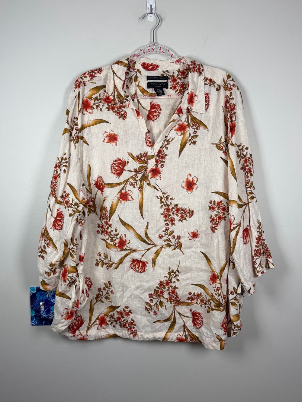 TAHARI Linen Red Floral Tunic V-Neck 3/4 Sleeves Coastal Flax Top Blouse Size 3X